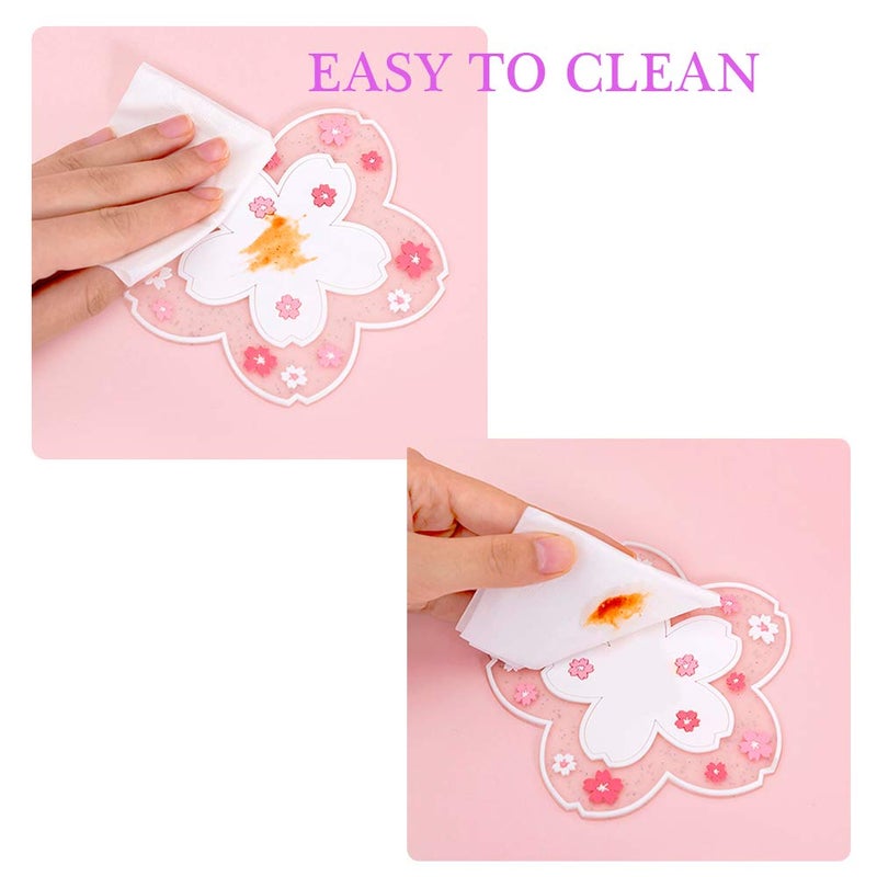 Binoster Sakura Coffee Cup Mat Kawaii Coaster 2PCS Cute Cherry Blossom PVC Home Tea Mug Pink Flower Pattern Anti-Skid Pot Bowl Pad Placemat for Desk Drink Table Decor Kawaii Accessories (Small) - Image 2