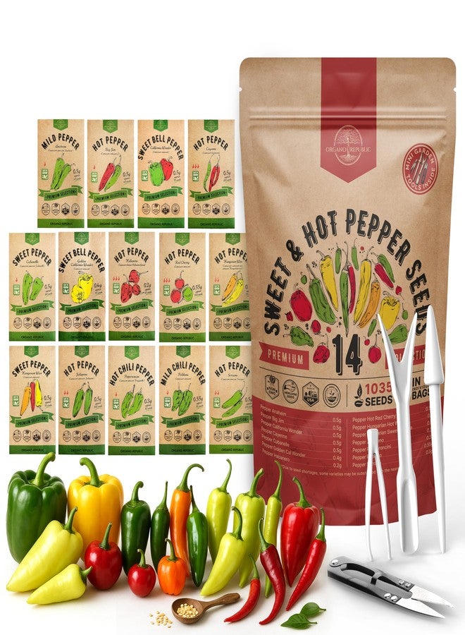 Organo Republic 14 Sweet & Hot Peppers Seeds Variety Pack - 1,030+ Non-GMO Heirloom Pepper Seeds for Outdoor and Indoor Home Gardening, Including Pepper Cayenne, Habanero, Jalapeno, Poblano, Serrano - Image 1