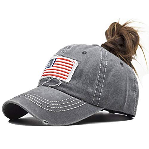Pogah Distressed Ponytail Hat for Women American-Flag Pony Tail Caps High Bun Grey - Image 1