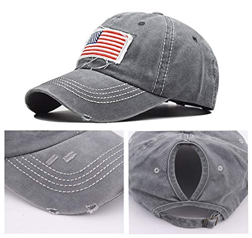 Pogah Distressed Ponytail Hat for Women American-Flag Pony Tail Caps High Bun Grey - Image 5
