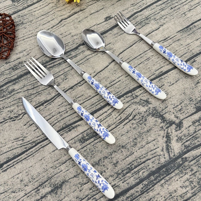 5 Pieces Blue And White Porcelain Handle Stainless Steel Cutlery Set - Image 2