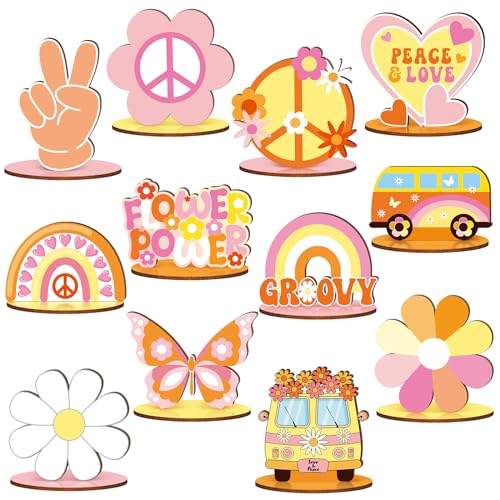 RattanView 12 Pcs Groovy Party Decorations Groovy Centerpieces for Tables Two Birthday Party Favors Hippie Bohemian Wooden Signs for Table Retro Rainbow Daisy Bus Table Topper - Image 1