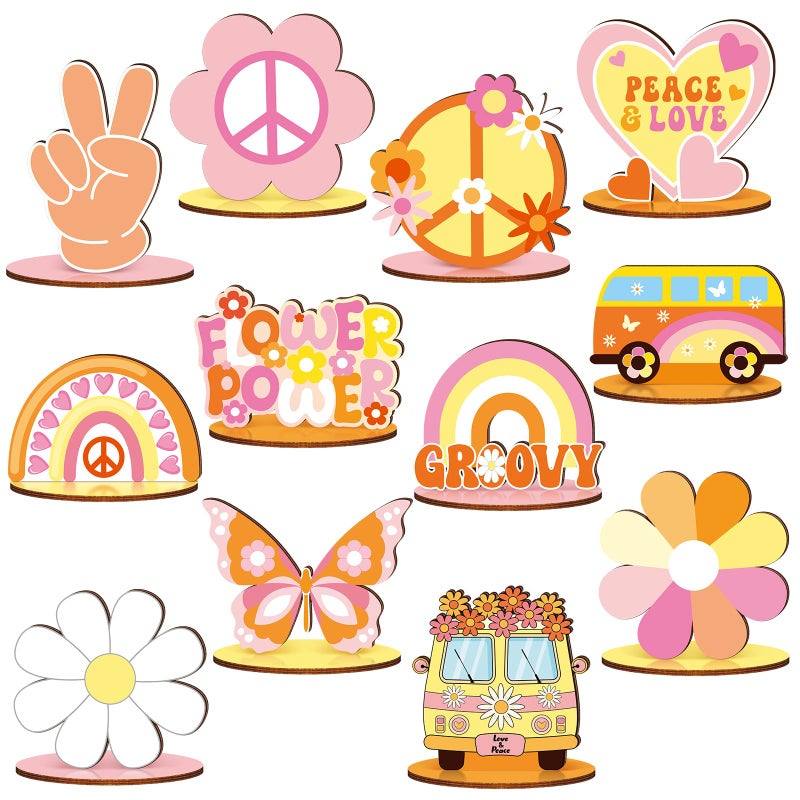 RattanView 12 Pcs Groovy Party Decorations Groovy Centerpieces for Tables Two Birthday Party Favors Hippie Bohemian Wooden Signs for Table Retro Rainbow Daisy Bus Table Topper - Image 2