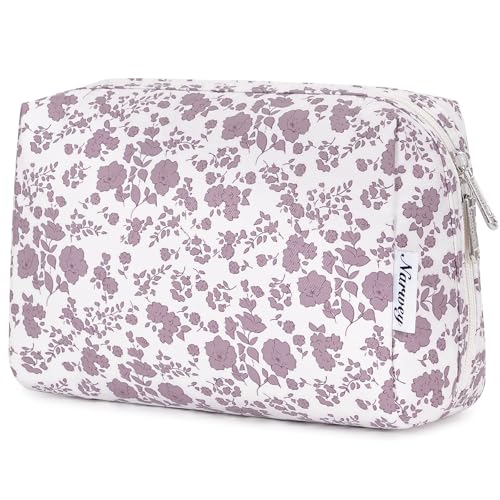 Narwey Cute Floral Makeup Bag Travel Cosmetic Bag Organizer Toiletry Bag Make Up Bags with Organized Pocket for Women Girls (Large, Little Dusty Pink Flower) - Image 1