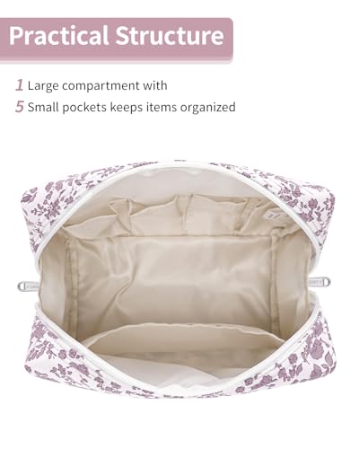 Narwey Cute Floral Makeup Bag Travel Cosmetic Bag Organizer Toiletry Bag Make Up Bags with Organized Pocket for Women Girls (Large, Little Dusty Pink Flower) - Image 4