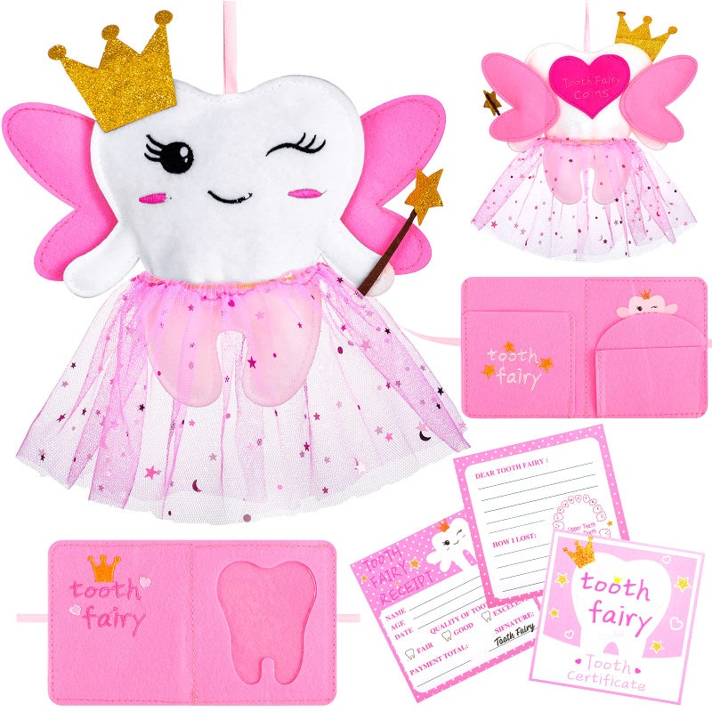 Breling Breling Tooth Pillow Kit for Girls Teeth Gifts Pillow with Pocket Including Lost Teeth Holder Cute Dear Tooth Notepad Felt Keepsake Wallet Pouch to Hold Card Photography for Kids Pink 