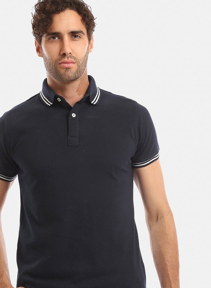 Andora Lined Sleeves & Collar Buttoned Polo Shirt - Dark Navy Blue - Image 2