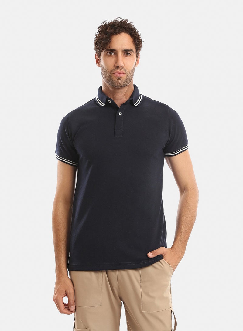 Andora Lined Sleeves & Collar Buttoned Polo Shirt - Dark Navy Blue - Image 1