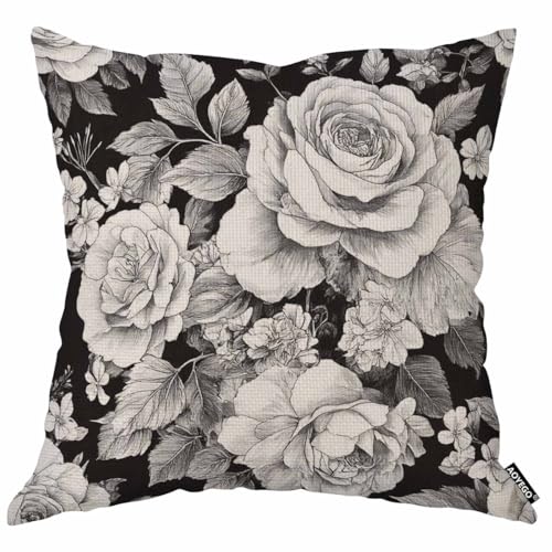 AOYEGO Black White Rose Throw Pillow Cover Floral Bouquet Botanical Plant Nature Leaves Bloom Wild Flowers Petal Daisy Pillow Case 18x18 Inch Decorative Men Women Room Cushion Cover for Home - Image 1