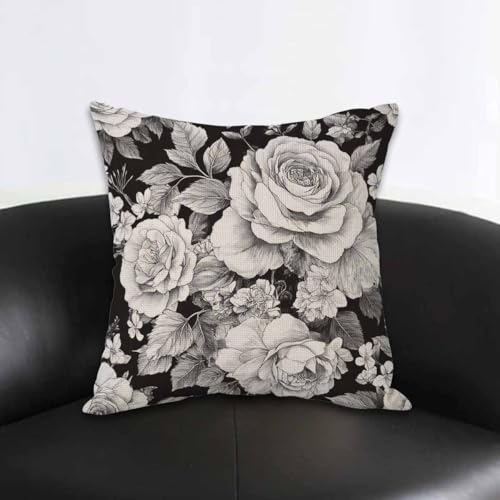 AOYEGO Black White Rose Throw Pillow Cover Floral Bouquet Botanical Plant Nature Leaves Bloom Wild Flowers Petal Daisy Pillow Case 18x18 Inch Decorative Men Women Room Cushion Cover for Home - Image 3