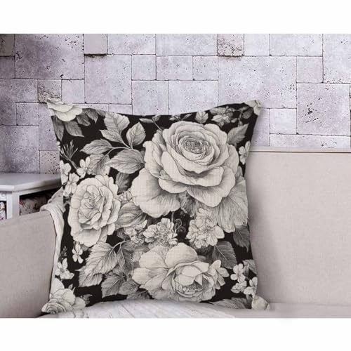 AOYEGO Black White Rose Throw Pillow Cover Floral Bouquet Botanical Plant Nature Leaves Bloom Wild Flowers Petal Daisy Pillow Case 18x18 Inch Decorative Men Women Room Cushion Cover for Home - Image 4