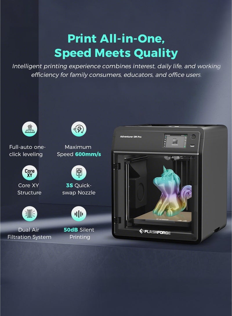 فلاش فورج طابعة ثلاثية الأبعاد Adventurer 5M Pro بنظام الطباعة التلقائية بنقرة واحدة، سرعة عالية 600 مم/ثانية، فوهة قابلة للفصل بسرعة بدرجة حرارة 280°C، هيكل Core XY معدني بالكامل، طابعة ثلاثية الأبعاد متعددة الوظائف بحجم 220x220x220 مم - Image 3