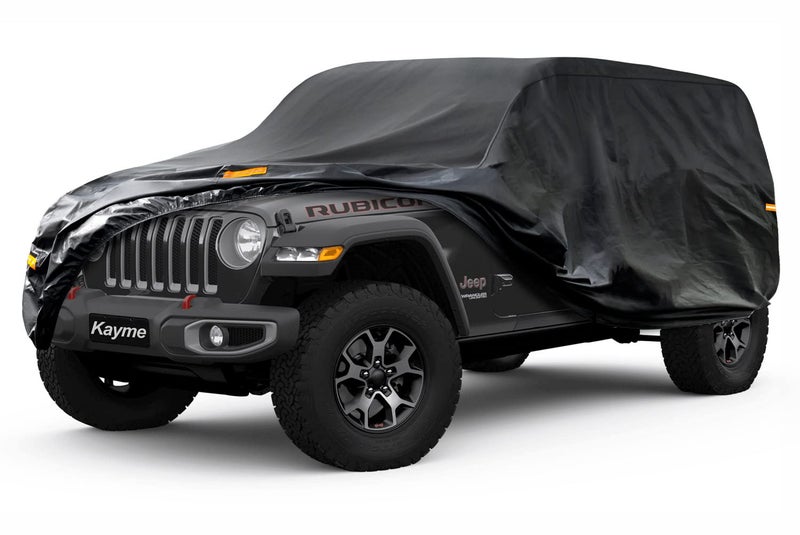 Kayme 7 Layers Car Cover Custom Fit for Jeep Wrangler 4 DrUnlimited 4 Door JK JL Waterproof All Weather for Automobiles Outdoor Full Cover Rain Sun UV ProtectionBlack