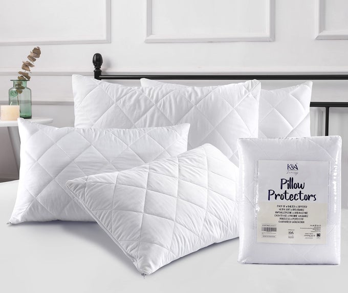 PILLOW PROTECTORS 4 PACK QUILTED ULTRA SOFT NOISELESS AND BREATHABLE MICROFIBER PILLOW CASES PACK OF 4 HYPOALLERGENIC AND ANTI DUST MITE PILLOW PROTECTOR UK STANDARD 48X74 CM 19X29 INCHES