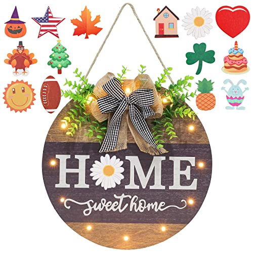 Interchangeable Welcome Sign for Front Door with 14 Changeable Icons Farmhouse Front Porch Decor Rustic Wooden Wall Sign with 12 LED Lights Outdoor Seasonal Welcome Home Decorations Wood home1