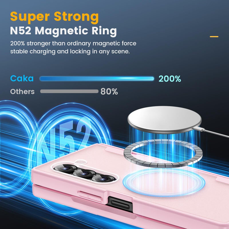 Caka for Samsung Galaxy Z Fold 6 Case [Compatible with Magsafe] [Hinge Protection] [Built-in HD Screen Protector] Translucent Hard Shockproof Magnet Phone Cover for Fold6 - Pink - Image 3