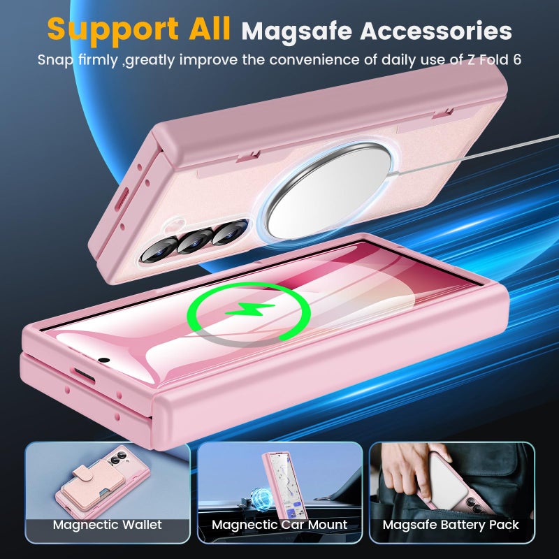 Caka for Samsung Galaxy Z Fold 6 Case [Compatible with Magsafe] [Hinge Protection] [Built-in HD Screen Protector] Translucent Hard Shockproof Magnet Phone Cover for Fold6 - Pink - Image 4