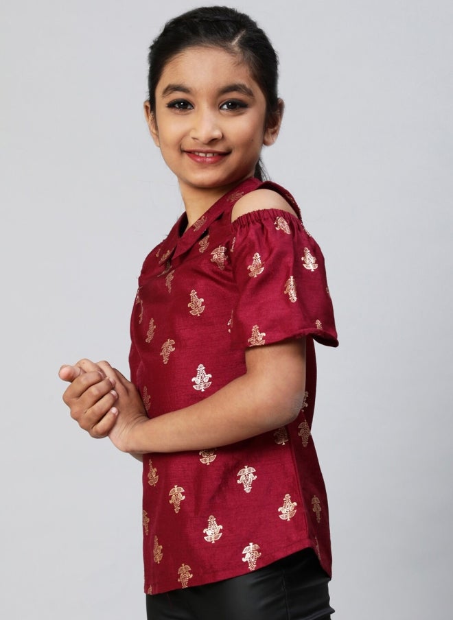 AKS Burgundy Cold-Shoulder Ethnic Motifs Top for Girls - Image 4