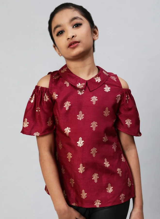 AKS Burgundy Cold-Shoulder Ethnic Motifs Top for Girls