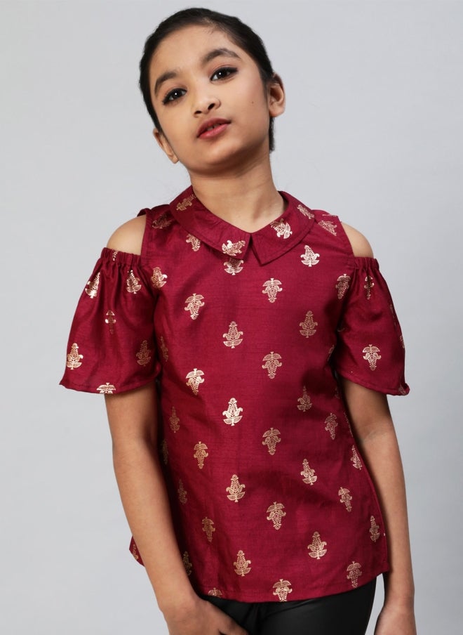 AKS Burgundy Cold-Shoulder Ethnic Motifs Top for Girls - Image 1