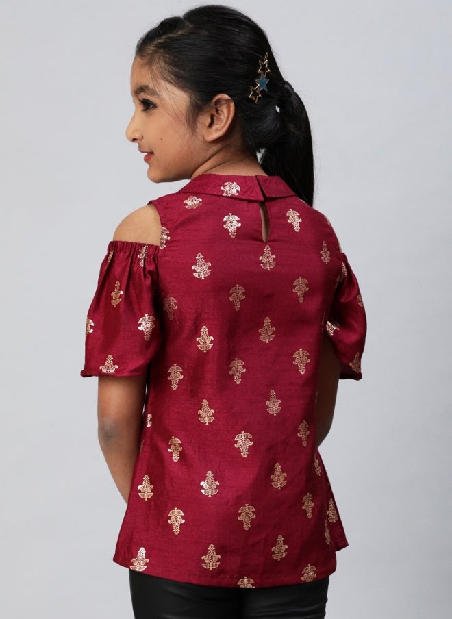 AKS Burgundy Cold-Shoulder Ethnic Motifs Top for Girls - Image 5