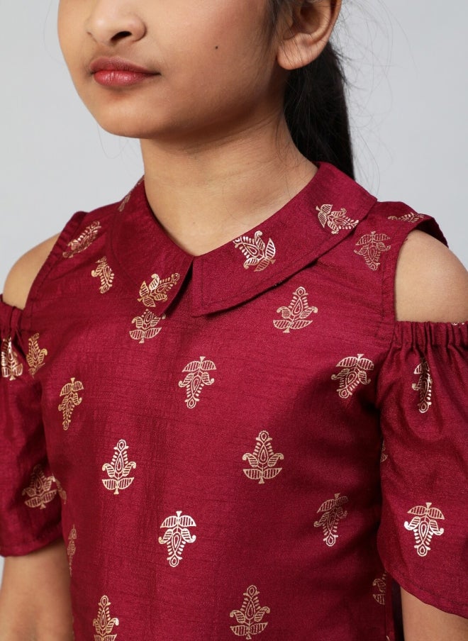 AKS Burgundy Cold-Shoulder Ethnic Motifs Top for Girls - Image 2