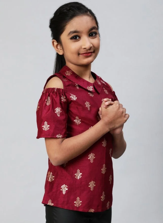 AKS Burgundy Cold-Shoulder Ethnic Motifs Top for Girls