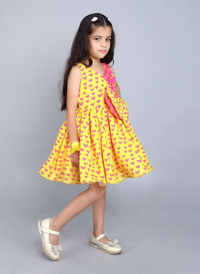 PinkChick Yellow Heart Print Fit & Flare Dress for Girls - Image 3