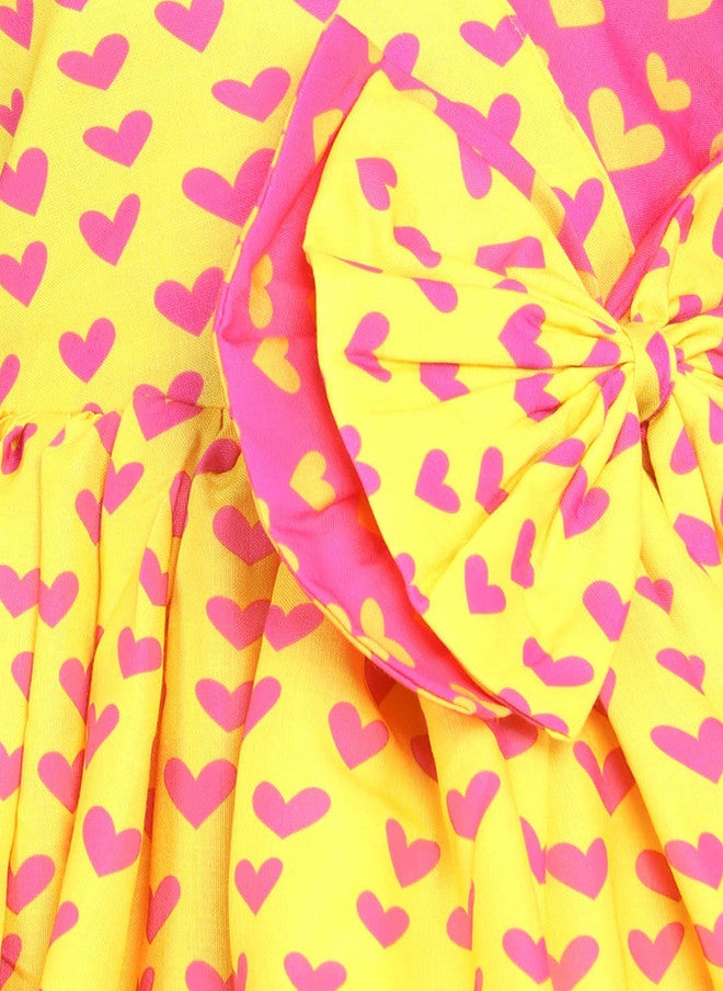 PinkChick Yellow Heart Print Fit & Flare Dress for Girls - Image 2