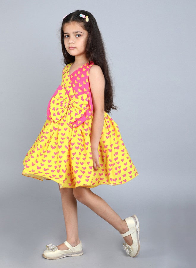 PinkChick Yellow Heart Print Fit & Flare Dress for Girls - Image 4