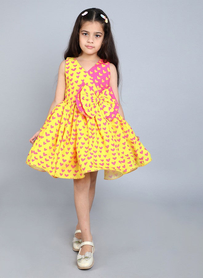 PinkChick Yellow Heart Print Fit & Flare Dress for Girls - Image 1