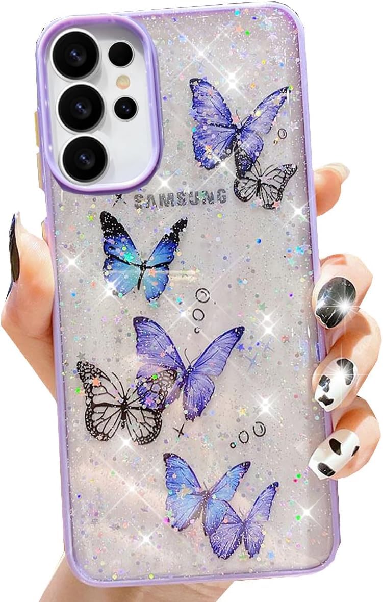 VONZEE for Samsung Galaxy S24 Ultra Clear Glitter Butterfly Case, Cute Bling Sparkle Shiny Soft Silicone TPU Bumper Shockproof Women Girls Slim Protective Phone Cover for Galaxy S24 Ultra, Purple - Image 3