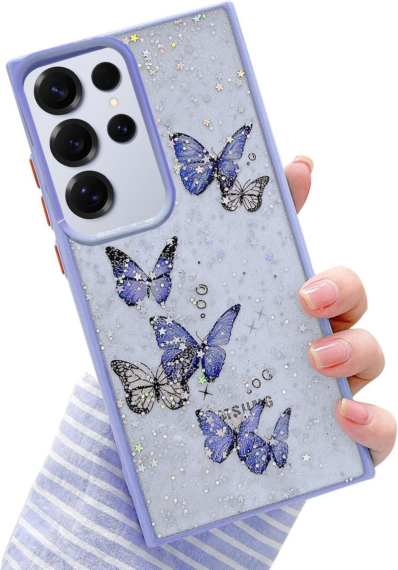 VONZEE for Samsung Galaxy S24 Ultra Clear Glitter Butterfly Case, Cute Bling Sparkle Shiny Soft Silicone TPU Bumper Shockproof Women Girls Slim Protective Phone Cover for Galaxy S24 Ultra, Purple - Image 1