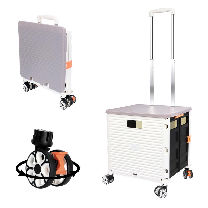 FELICON SELORSS Foldable Utility Cart Folding Portable Rolling Crate Handcart with Durable Heavy Duty Plastic Telescoping Handle Collapsible 4 Rotate Wheels for Travel Shop Move Luggage OfficeWhite