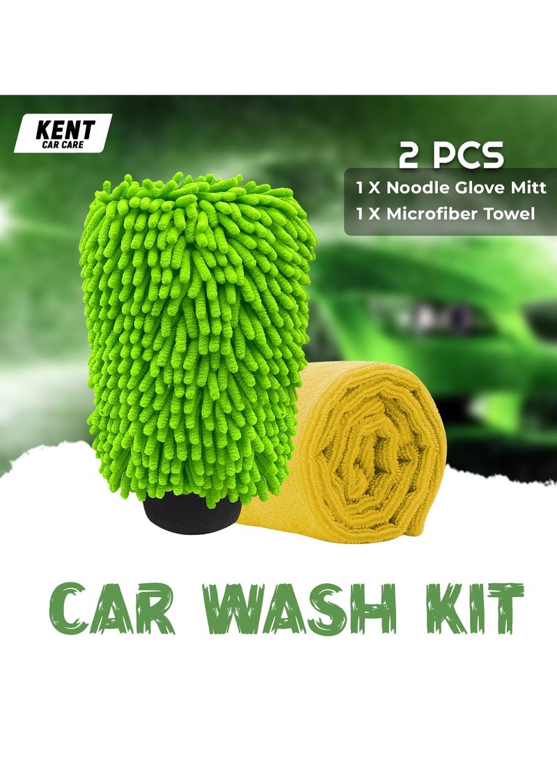KENT Microfiber Wash and Dry Pack 2in1 Noodle Wash Mitt 2 Pcs Car Wash Kit Microfiber Towel/Glove Mitt - KENT - Image 1