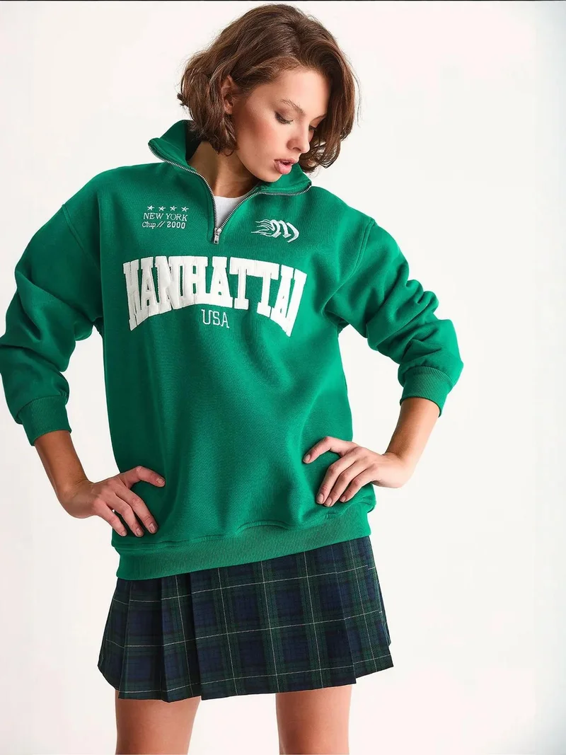 Bianco Lucci Green LUCCI Back Printed Long Sleeve Zipper Collar Sweatshirt for Women | Best Price UAE