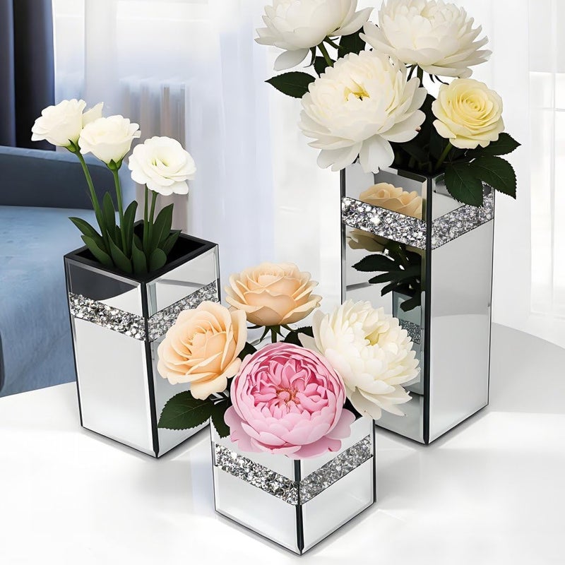 ALLARTONLY Reliable durability Crushed Diamond Mirrored Vase Pack of 3 Pieces Small Middle Large. Crystal Silver Mirror Glass Stunning Decorative Flower Vase Luxury for Home Decor. Can’t Hold Water. Transparent body - Image 5