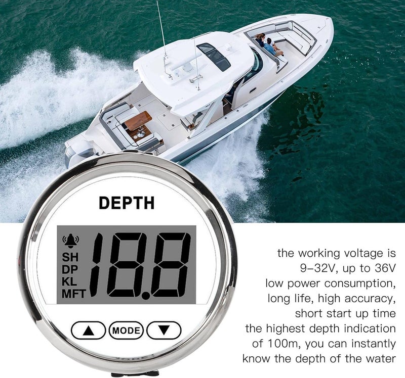klarako Depth Sounder, 12V Anti Fog and Waterproof Depth Finder, Up to 100m, Boat Depth Finder with Transducer, 10m Cable, White Backlight, Depth Gauge for Yachts, Fishing Boats, Pontoon Boat - Image 2