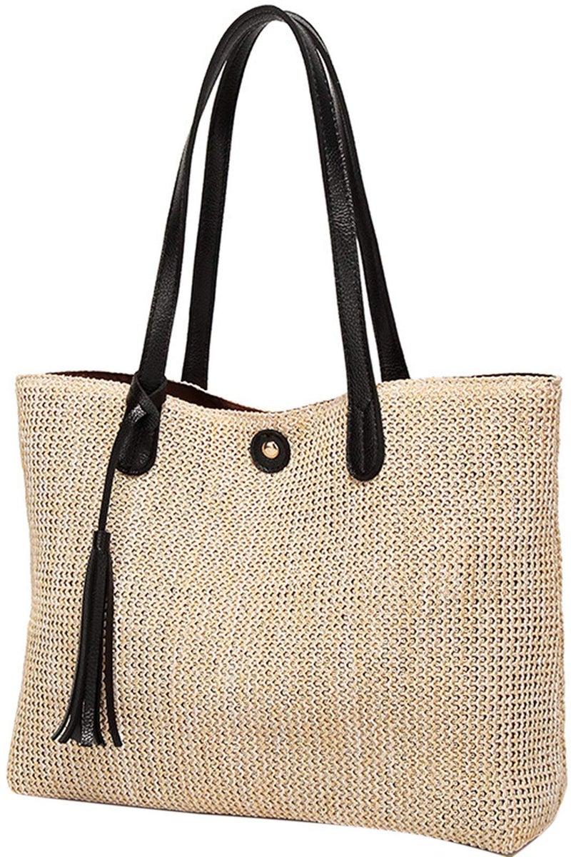 QZUnique Straw Handbags Women's Summer Straw Bucket Tote Bag Hand Woven Handbag Tassel Shoulder Bag Purse Black