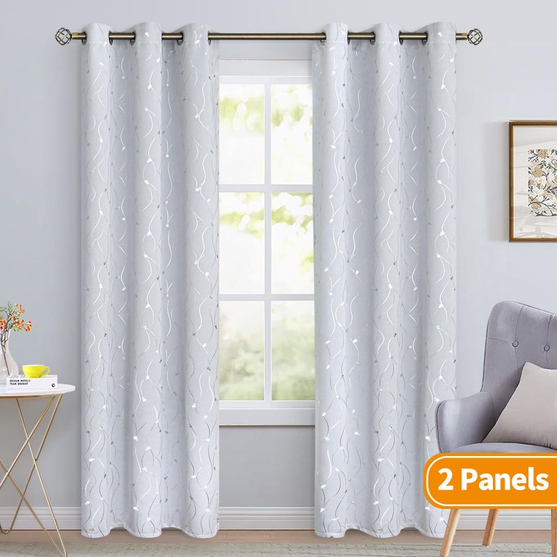 BGment بئسة غرفة الستائر المظلمة 84 بوصة الطول جروميت الستائر تعتيم معزولة حرارية مع خط الموجة ونقاط مطبوعة لغرفة النوم 2 لوحات كل 38 × 84 بوصة رمادية بيضاء - Image 2