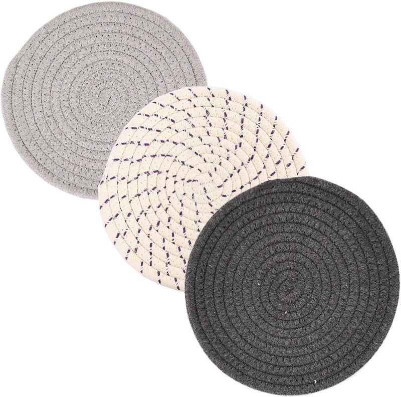 vigor path 100 Cotton Thread Weave Potholders and Trivets  Stylish Coasters Hot Pads Hot Mats Spoon Rest Set of 3  7 Inch Diameter Placemats  Perfect for Cooking and Baking by Diameter Grey - Image 1
