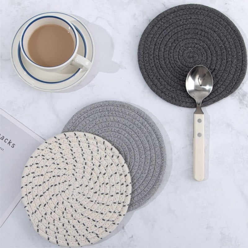 vigor path 100 Cotton Thread Weave Potholders and Trivets  Stylish Coasters Hot Pads Hot Mats Spoon Rest Set of 3  7 Inch Diameter Placemats  Perfect for Cooking and Baking by Diameter Grey - Image 3