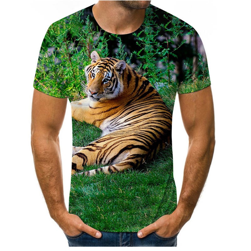 Men'S Short-Sleeved T-Shirt Lion Tiger 3D Digital Printing Round Neck T-Shirt Short-Sleeved Top - Image 1