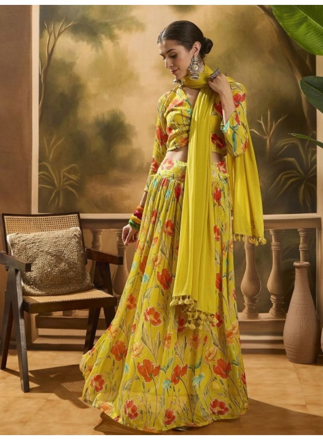 AKS Mustard Floral Print Chinnon Lehenga Choli With Dupatta  - Image 2