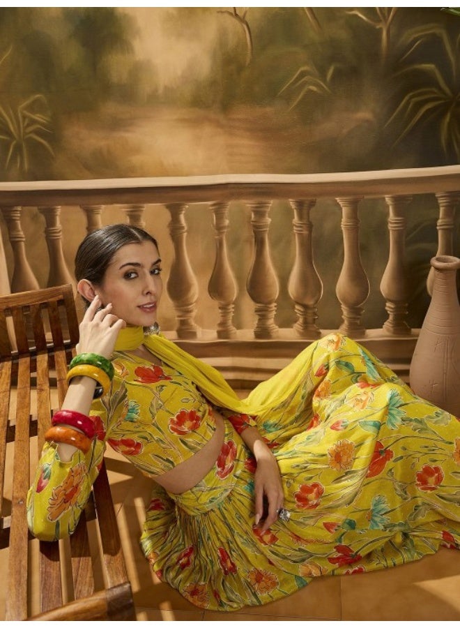 AKS Mustard Floral Print Chinnon Lehenga Choli With Dupatta  - Image 1