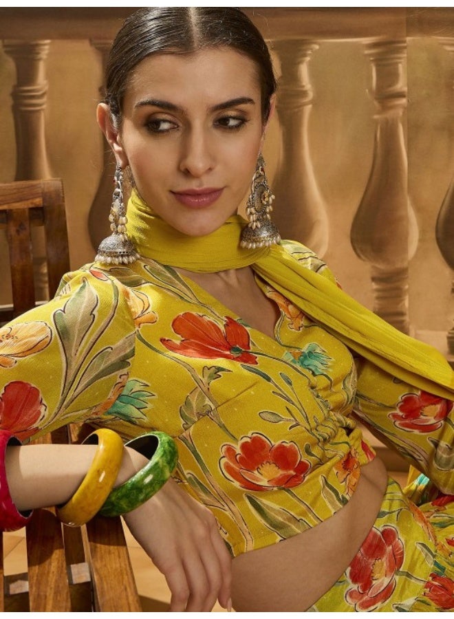 AKS Mustard Floral Print Chinnon Lehenga Choli With Dupatta  - Image 3