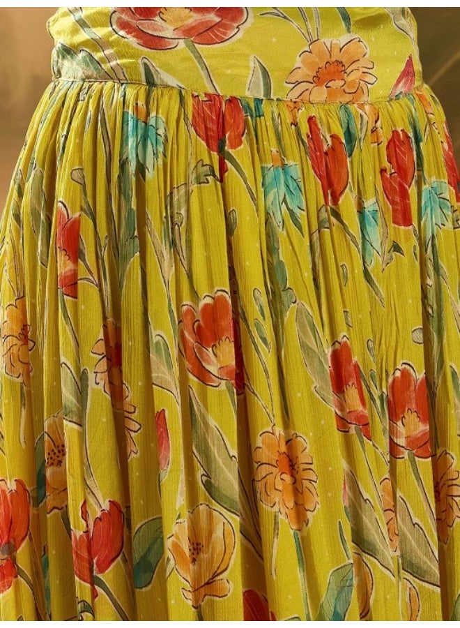 AKS Mustard Floral Print Chinnon Lehenga Choli With Dupatta  - Image 4