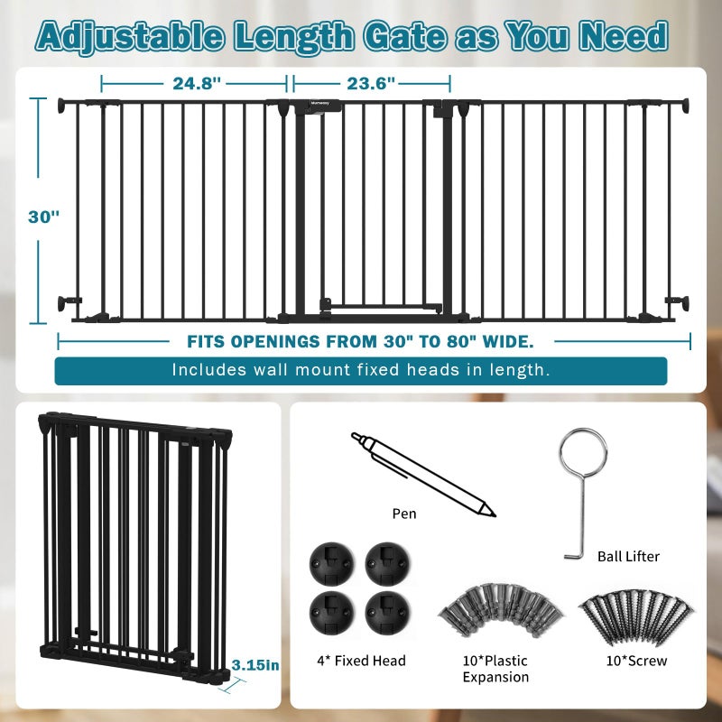 Mumeasy 80" Extra Wide Baby Gate for Doorways, Stairs & Fireplace, Auto Close Dog & Pet Gate with Walk Thru Door, 3 Metal Panels, Hardware Mounted Child Safety Fence for House, Indoor/Outdoor, Black - Image 2