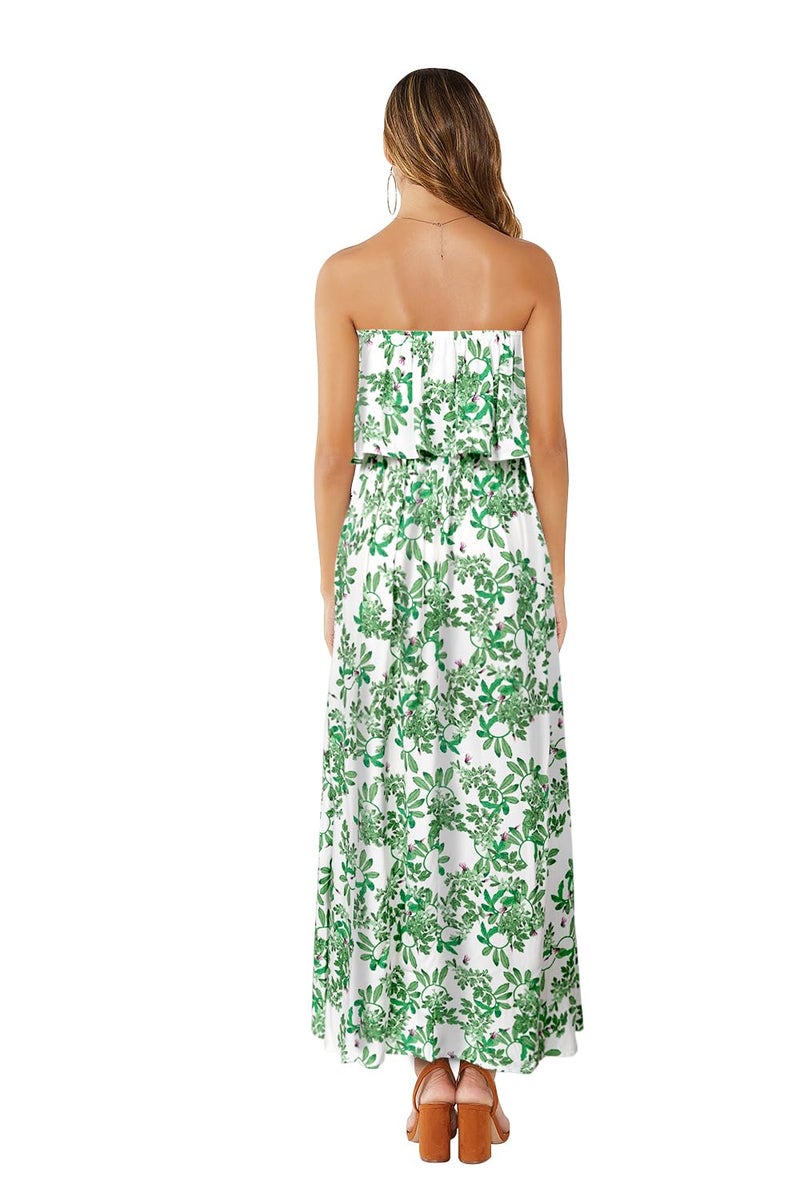 ZMPSIISA Women's Summer Off The Shoulder Maxi Dress Ruffle Strapless Blue White Porcelain Boho Casual Loose Long Dresses(A-Leaves Green,Small) - Image 2