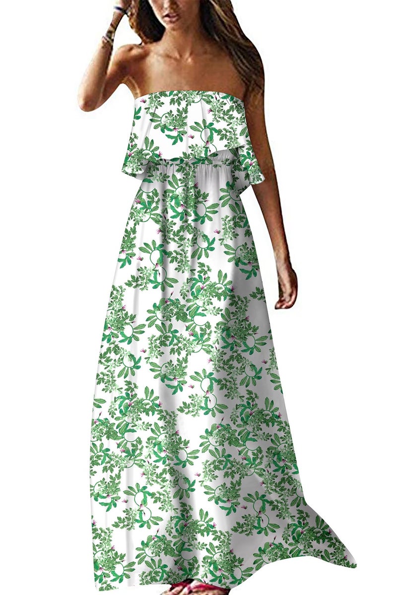 ZMPSIISA Women's Summer Off The Shoulder Maxi Dress Ruffle Strapless Blue White Porcelain Boho Casual Loose Long Dresses(A-Leaves Green,Small) - Image 1